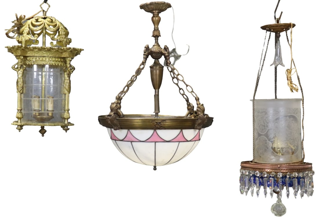 ASSORTED LOT OF HANGING CHANDELIERS: Crystal hurricane lantern. Hall chandelier. Figural lantern. Box one measures 16" h x 25" w x 20" d. 2nd box measures 27 1/2" h x 19" w x 20" d.