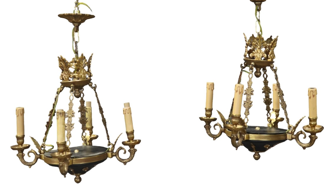 PAIR EMPIRE 4 ARM CHANDELIERS: 4 arms. Bronze. 24 1/4" h x 19" diameter.