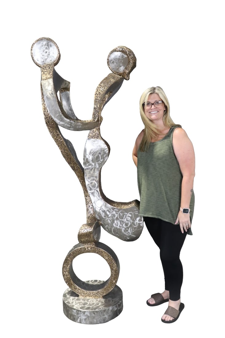SIGNED PENNY COLLINS ABSTRACT SCUPTURE: Mixed metals. Signed Penny Collins on base. 73 1/2" h x 24" w x 25" d.