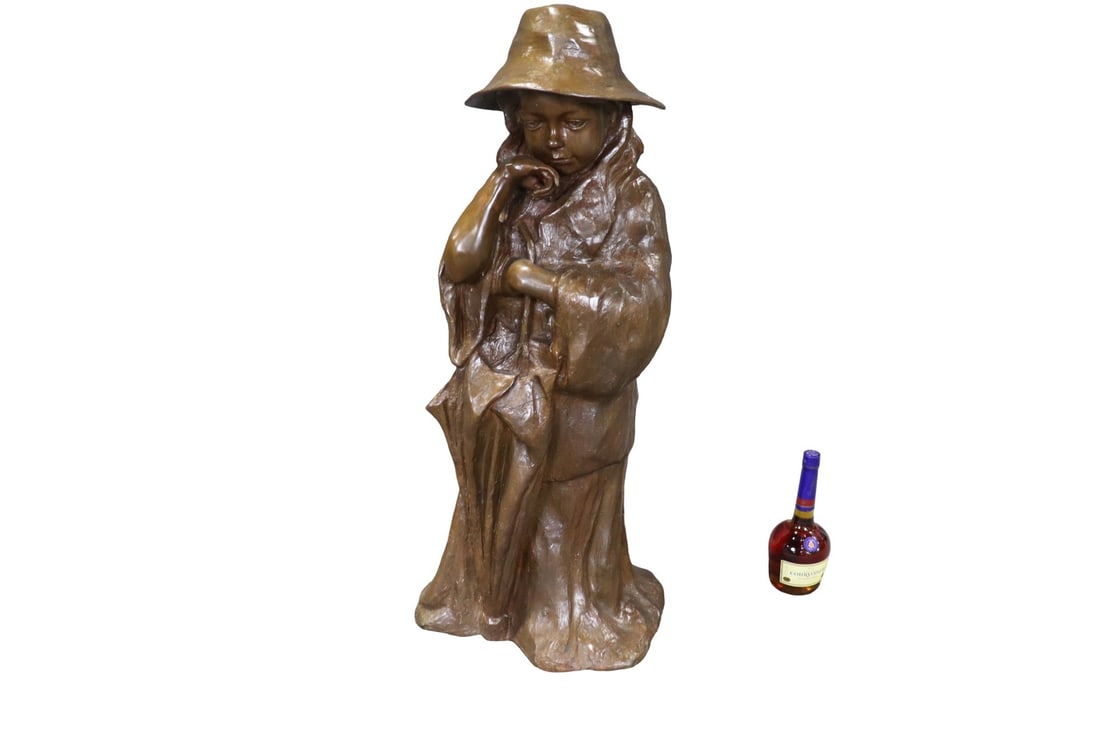 BRONZE SCULPTURE CLOAKED GIRL: Bronze. 39" h x 19" w x 15 1/2" d.