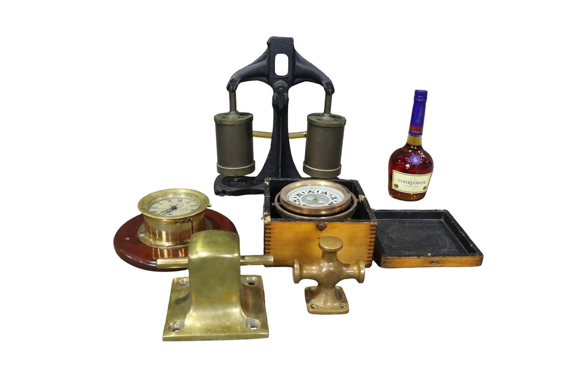 5 ANTIQUE NAUTICAL INSTRUMENTS: Brass. Wood. Metal. Boxed measures 10" h x18 7/8" w 13 5/8" d.