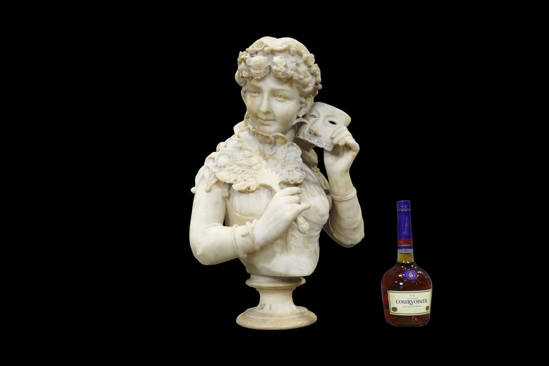 SIGNED FIRENZE MARBLE BUST OF A LADY WITH MASK: Signed Firenze on base. 2 pieces. Marble. 26 1/2" h x 17 1/4" w x 11 3/4" d.
