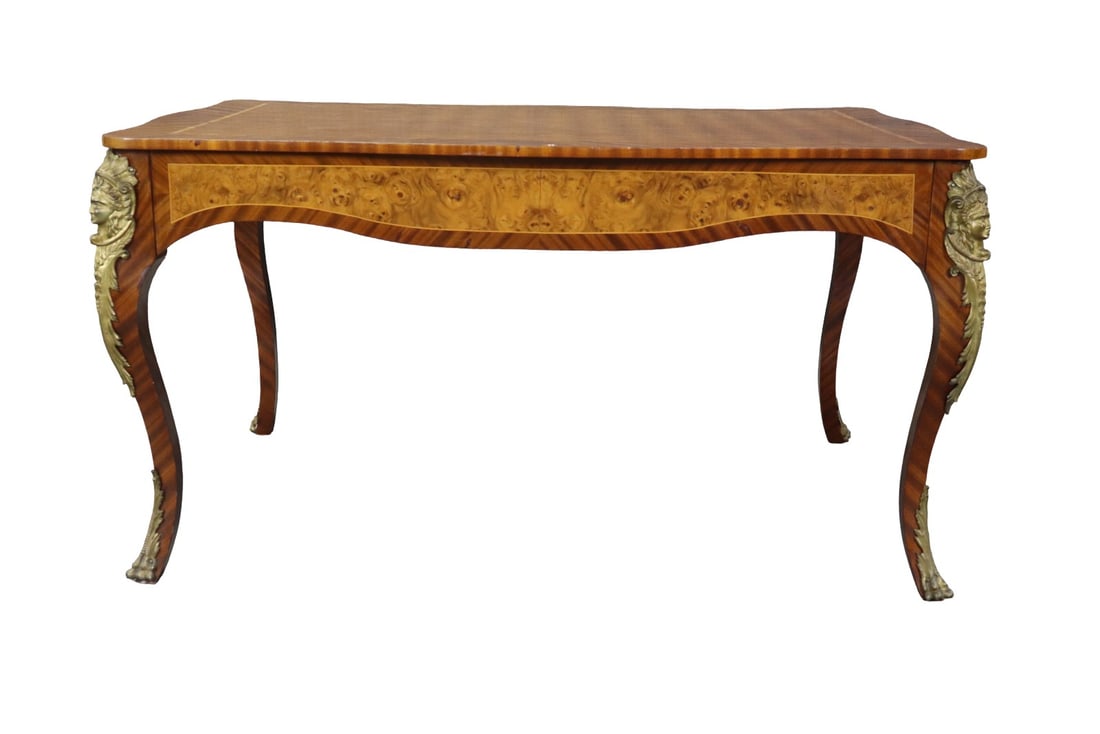 LOUIS XV STYLE BRONZE MOUNTED INLAID DESK: Inlaid. Burl wood. Bronze figural mounts. Figural. 31 1/8" h x 58" w x 38 1/2" d.
