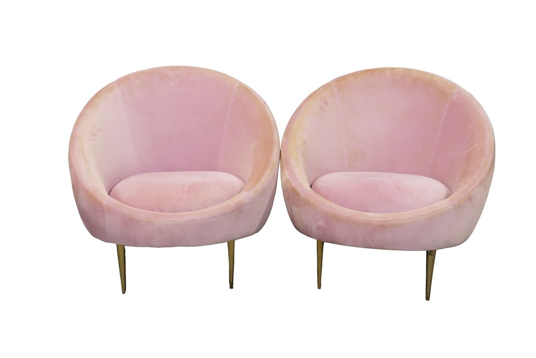 PAIR JONATHAN ADLER CHAIRS: Label on bottom. Upholstered. Brass legs. 31" h x 32" w x 34" d. Seat height 17".