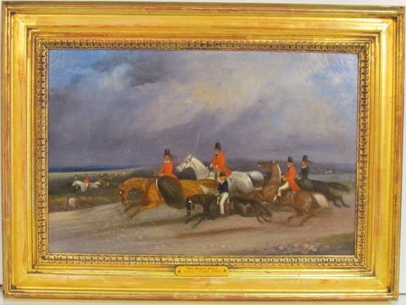 "THE ROYAL HUNT" attr. HENRY ALKEN: Age cracking. Unsigned. Oil on panel. Good condition. 10"h. x 14 3/4"w.