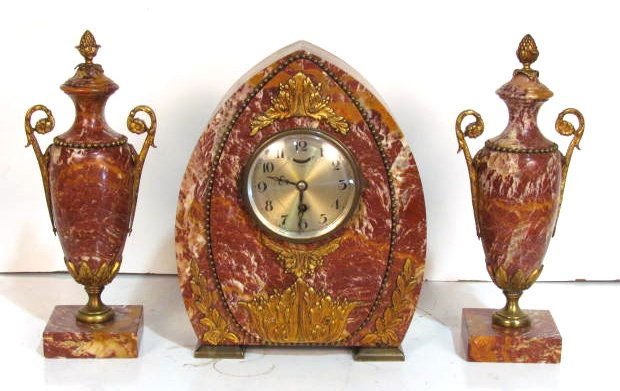 3 pc. FRENCH ART DECO BRONZE & MARBLE CLOCK SET: Very good condition. Clock measures 13"h. Garniture measures 13 1/2"h.