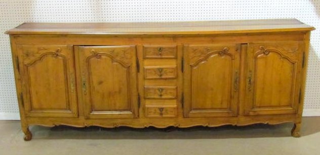 18th c. FRENCH CARVED 9 1/2 ft. SIDEBOARD: Very good condition for age. Some worm holes and splits in wood. Replaced front legs and one back leg. 39 1/2"h. x 100"w. x 18 3/4"d.