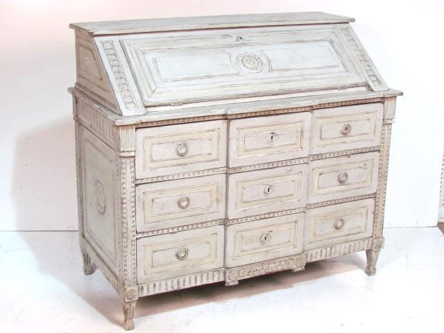 SWEDISH CREAM PAINTED SLANT FRONT DESK: Distress painted. Very good condition. 45"h. x 51"w. x 25"d.