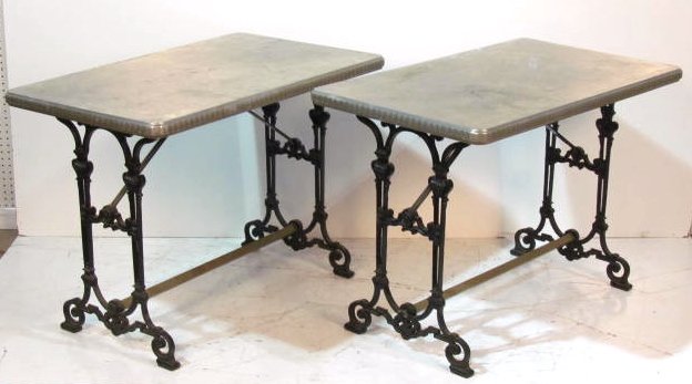 Pair ANTIQUE INDUSTRIAL STAINLESS STEEL & IRON TABLES: Good condition. 29 1/2"h. x 40 1/4"w. x 24 1/2"d.