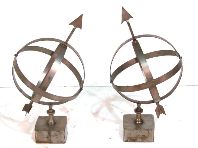 Pair 27" STEEL ARMILLARY SPHERES: Very good condition. Each approximately 27" high.