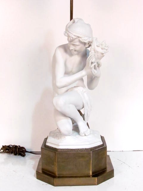GERMAN PARIAN PORCELAIN FIGURE LAMP: Young boy with conch shell. Very good condition. Figure measures 16".