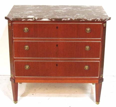 DIRECTOIRE STYLE MARBLETOP COMMODE: Bronze moldings and rosettes. Very good condition. 31 1/4"h. x 33 1/2"w. x 19 1/4"d.