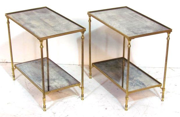 Pair DIRECTOIRE STYLE BRASS MIRRORED END TABLES: Smoked mirrored glass. Very good condition. 20 1/4"h. x 21 1/2"w. x 12"d.