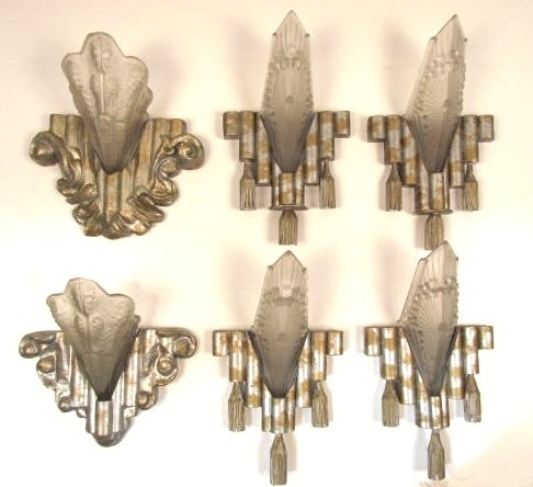 6 ART DECO SLIP SHADE SCONCES: 4 matching and 2 matching. Painted wood with slip shades. Rewiring recommended. 17"h. x 14 1/2"w.