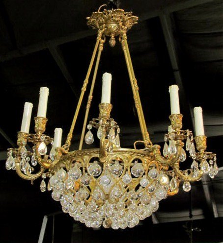 FRENCH GILT BRONZE CHANDELIER w/ CRYSTAL BALL PRISMS: Missing 4 balls. Very good condition. 27"h. x 25"w.