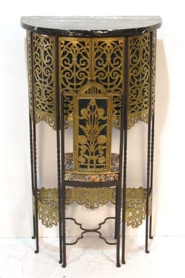 OSCAR BACH STYLE TELEPHONE STAND & CHAIR: Brass and iron. Very good condition. 41 1/2"h. x 23 1/2"w. x 13 1/2"d.