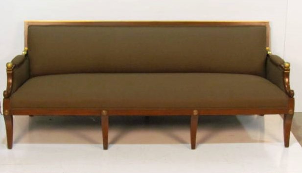 DIRECTOIRE STYLE WALNUT & GILT SOFA mann. JANSEN: Very good condition with some minor blemishes. 32"h. x 80 1/4"w. x 29 1/2"d.