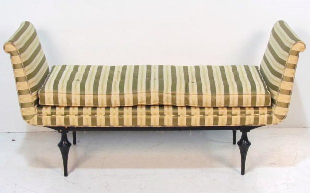 REGENCY STYLE WINDOW SEAT: Repaired leg. Good condition. 28 1/2"h. x 58"w. x 18 1/2"d.