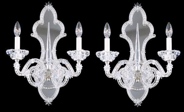 Pair 19" SCHONBEK MIRRORED CRYSTAL SCONCES: Excellent condition. Missing one crystal star rosette. 19"h. x 14"w. x 8 1/4"d.