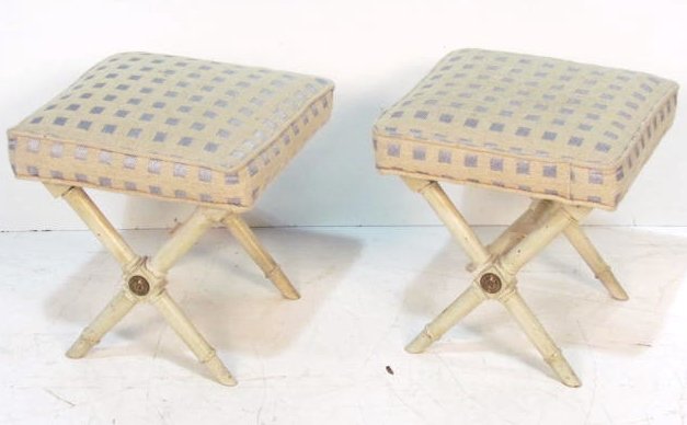 Pair CREAM PAINTED X-BENCHES: Cream paint with some wear. Bronze rosettes. 27 1/2"h. x 28"w. x 19"d.