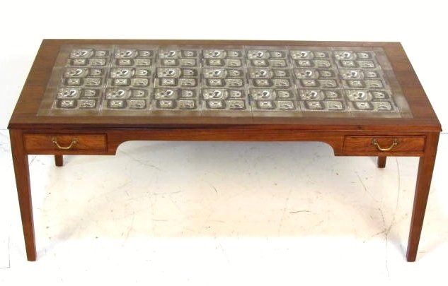 OLE WANSCHER TILETOP COFFEE TABLE: Ceramic tile top. Very good condition. 20 3/4"h. x 51 1/2"w. x 25 1/2"d.