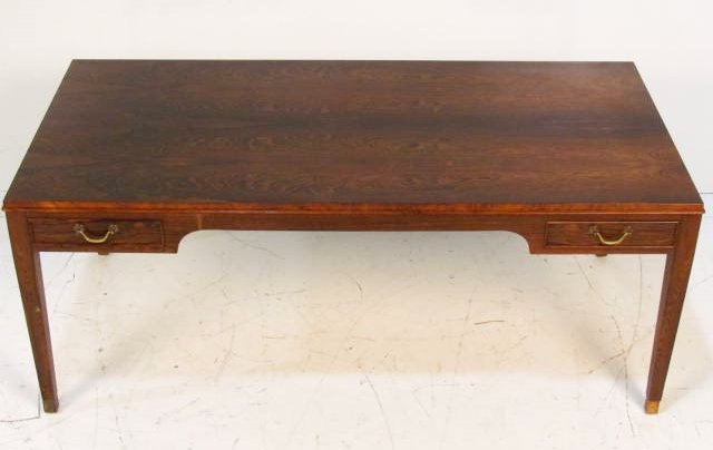 OLE WANSCHER ROSEWOOD COFFEE TABLE: Missing 1 brass foot cap. Very good condition. 21"h. x 51 1/2"w. x 25 1/4"d.
