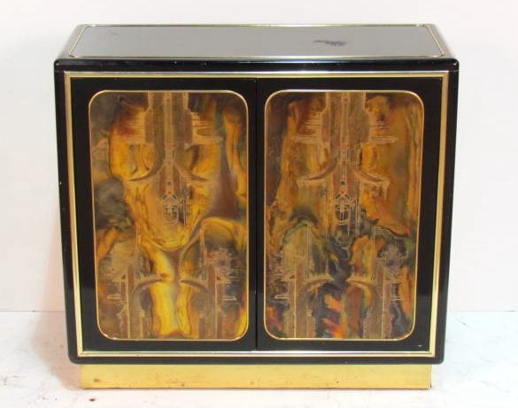 BERNHARD ROHNE MASTERCRAFT 2 DOOR SERVER: Acid etched doors. Good condition with marks on top. 34 1/2"h. x 37 1/4"w. x 16"d.