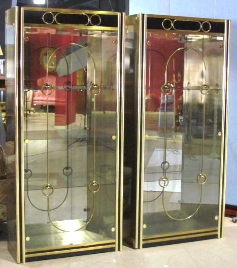 Pair MASTERCRAFT BRASS & GLASS VITRINES: Very good condition. 80"h. x 36 1/4"w. x 16"d.