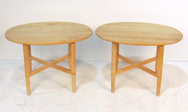 Pair HASLEV END TABLES: Good condition with some staining on top. 19 3/4"h. x 29 1/2"w. x 22"d.