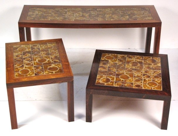 3 pc. DANISH ROSEWOOD TILE TOP TABLE SET: Very good condition. Sofa table 25"h. x 60"w. x 19 1/2"d.