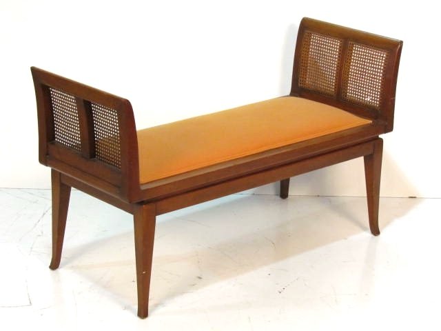 ASIAN MODERN CANED WINDOW BENCH: One hole in cane. Mahogany. Good condition. 24"h. x 41 1/2"w. x 16"d.