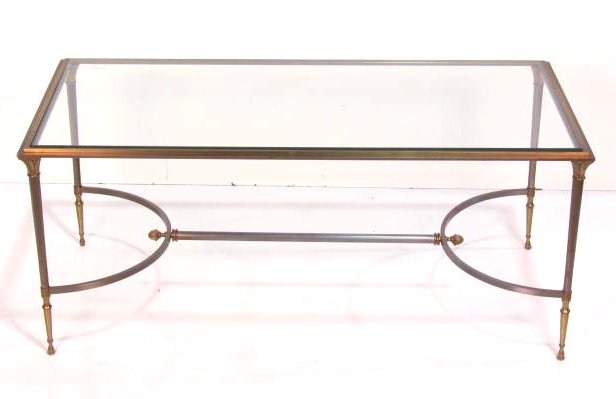 JANSEN STYLE STEEL & BRASS COFFEE TABLE: Glasstop. Very good condition. 17 1/2"h. x 41 1/2"w. x 20 1/2"d.