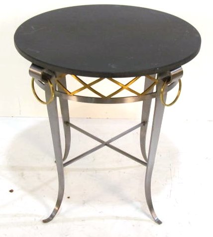 DIRECTOIRE STYLE STEEL & BRASS BOUILLOTTE TABLE: Slate top with light scratches. Very good condition. 24 1/2"h. x 24 1/2"diam.