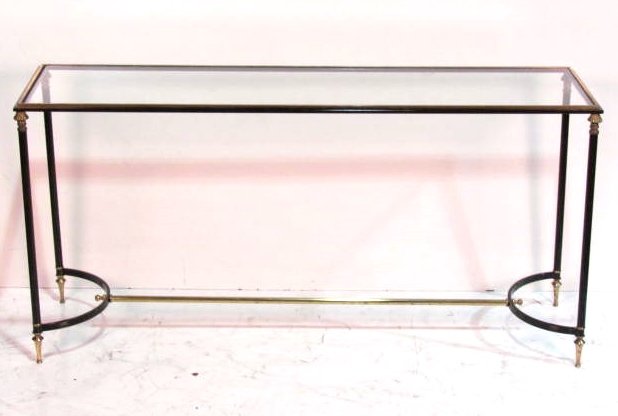 DIRECTOIRE STYLE EBONIZED & BRASS SOFA TABLE: Glass top. Very good condition. 25"h. x 59"w. x 15 3/4"d.