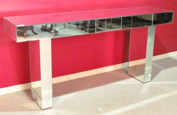 MIRRORED CONSOLE TABLE: Good condition with 2 chips on corners. 39 3/4"h. x 84"w. x 20"d.