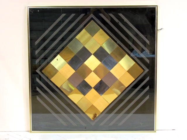 GREG COPELAND BRASS & METAL MIRRORED WALL SCULPTURE: Artist signed. Good condition with areas of wear. 41 1/2"h. x 41"w.
