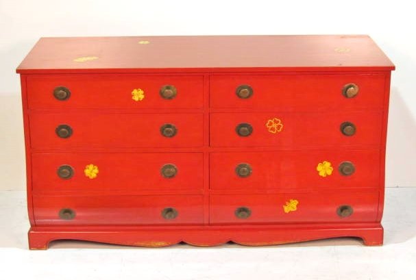 TOMMI PARZINGER RED LAQUERED PAINT DECORATED DRESSER: Custom made with unique matching details including floral detail as well as matching bronze cast hardware. Removed from a Sutton Place New York apartment. Very good condition with minor blemishes. 32"
