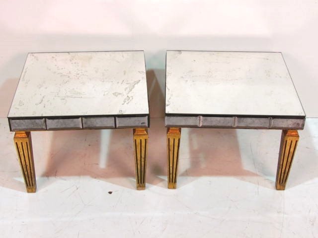 Pair HOLLYWOOD REGENCY MIRRORED & GILT WOOD END TABLES: Good condition with few minor chips. 15 1/4"h. x 20"sq.