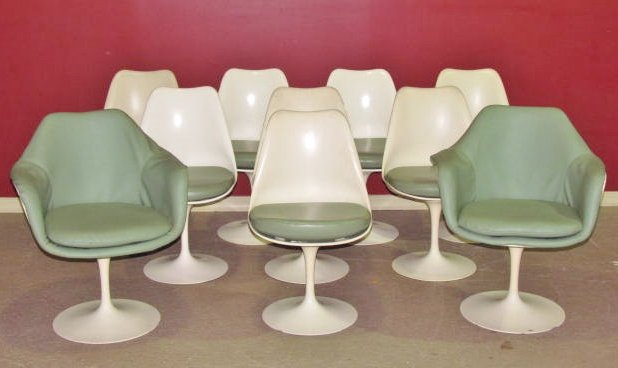 10 EERO SAARINEN for KNOLL TULIP CHAIRS: 8 side chairs and 2 armchairs. Fair condition. Loose fabric on armchairs. Chips on back edges of chairs.