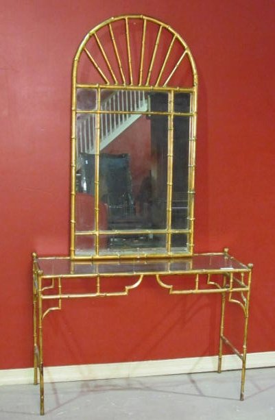 LA BARGE GILT BAMBOO STYLE MIRROR & CONSOLE TABLE: Very good condition. Console 29 1/2"h. x 43 1/2"w. x 16 1/4"d. Mirror 51"h. x 27"w.