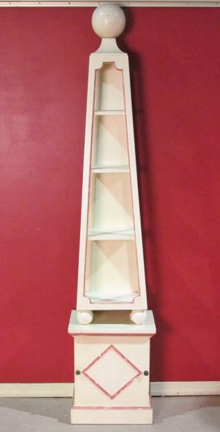 TOMMI PARZINGER STYLE DECORATED OBELISK FORM ETAGERE: Very good condition. 93"h. x 19 1/2"w. x 14 1/4"d.