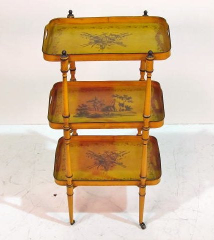 3 TIER TOLE PAINTED TRAY TABLE: Good condition. 34 1/2"h. x 18 1/4"w. x 15"d.