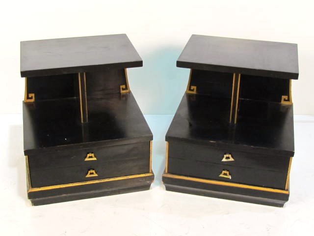 Pair JAMES MONT STYLE EBONIZED NIGHTSTANDS: Lots of marks. Fair condition. 24 1/4"h. x 22"w. x 19 1/2"d.