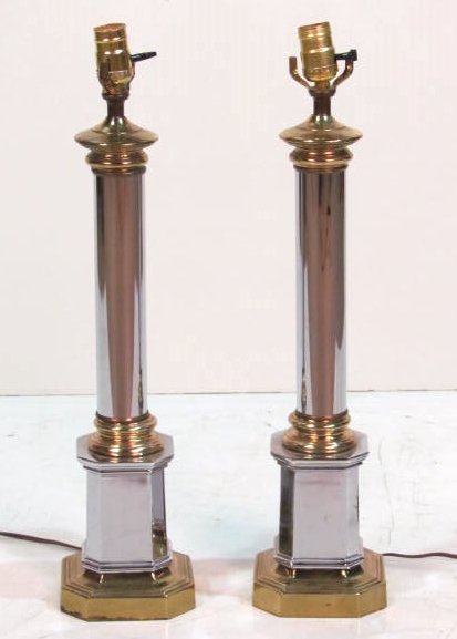 Pair MAISON JANSEN STYLE CHROME COLUMN LAMPS: Fair condition. 23 1/2"h.