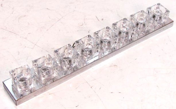 GAETANO SCIOLARI CHROME & GLASS LIGHT BAR: Wear to chrome. Good condition. 4"h. x 34 1/2"w. x 4 1/2"d.