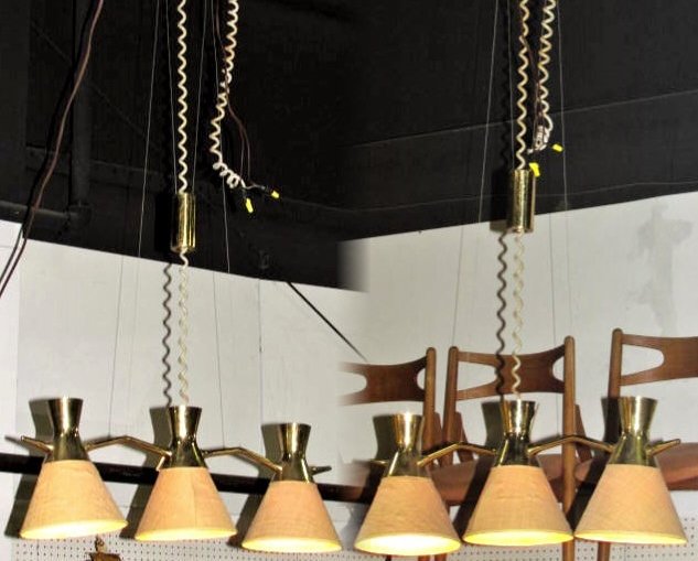 Pair LIGHTOLIER HANGING LIGHTS w/ TWEED WRAPPED SHADES: Good condition. 46"h. x 27"w. x 8"d.