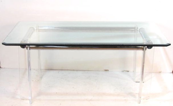 MILO BAUGHMAN STYLE LUCITE & CHROME GLASSTOP DINING: Beveled glass top. Very good condition. 29 1/4"h. x 69 3/4"w. x 41 3/4"d.