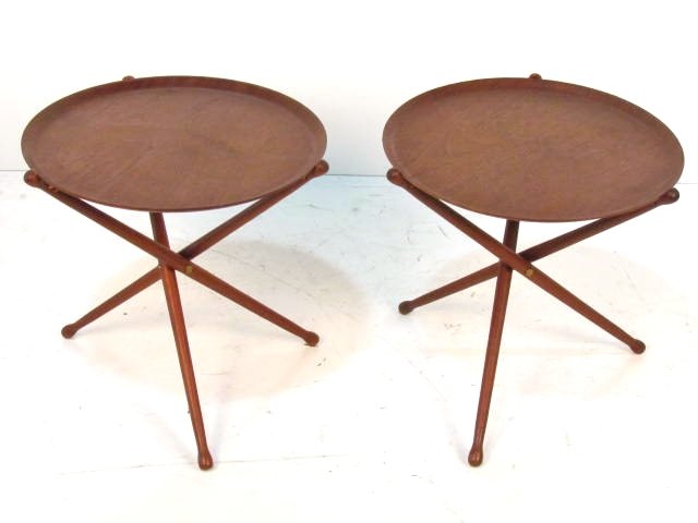 Pair SWEDISH TEAK COLLAPSIBLE TRAY TABLES: Very good condition. 17 1/4"h. x 17 3/4"diam.
