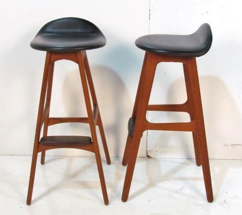 Pair DANISH TEAK BAR STOOLS: Vinyl seats. Marks in upholstery. Good condition. 33"h. x 14"w. x 14 1/4"d.