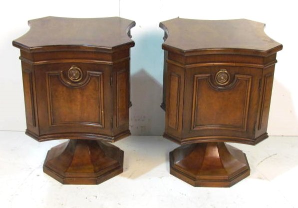 Pair MASTERCRAFT PEDESTAL WALNUT CABINETS: Good condition with wear. 23"h. x 17"w. x 17"d.